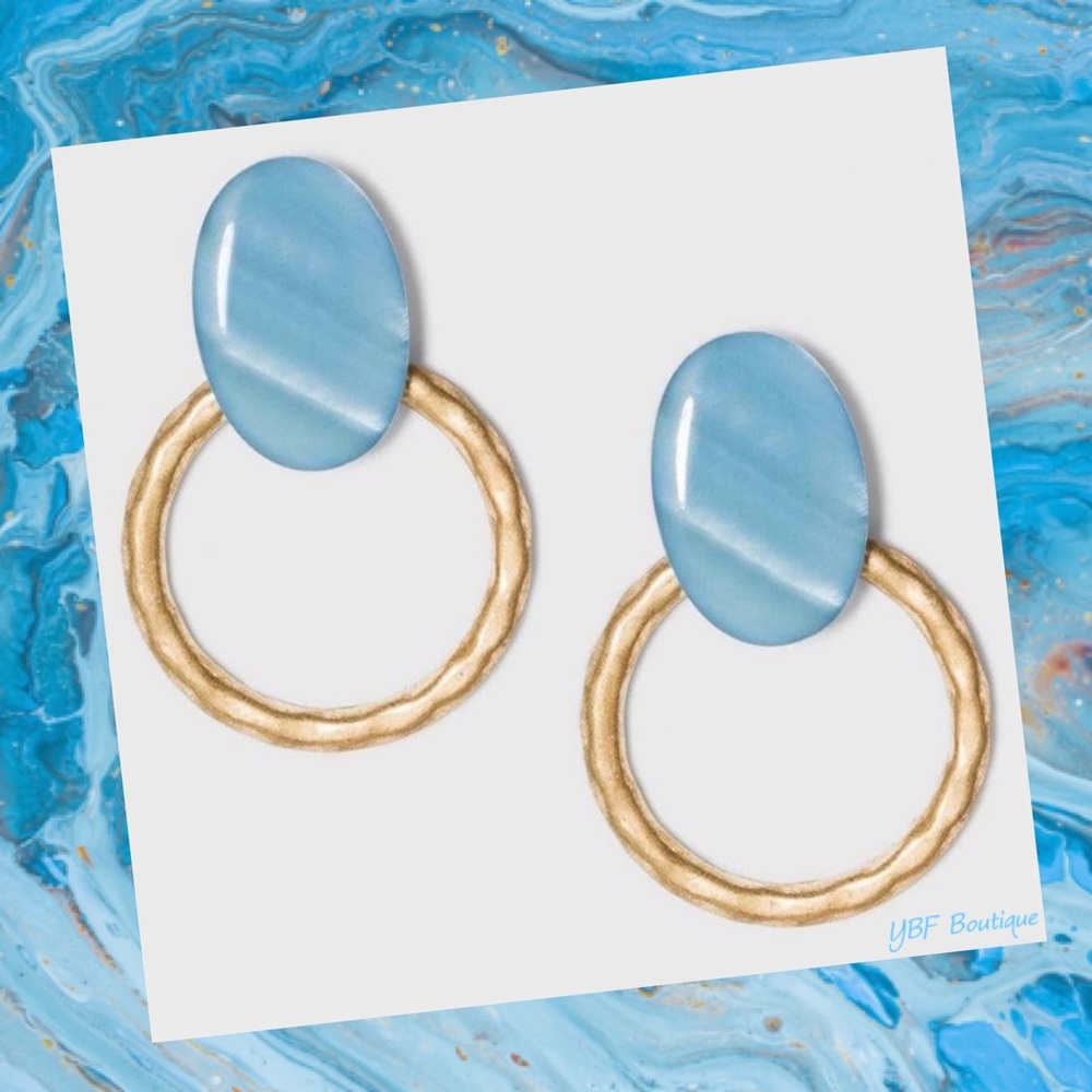 New Blue & Burnished Gold Door Knocker Post Drop Hoop Statement Fashion Earrings